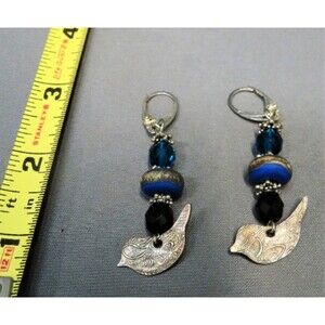 Fantastic sterling handcrafted birds blue grey black lampwork beaded earrings